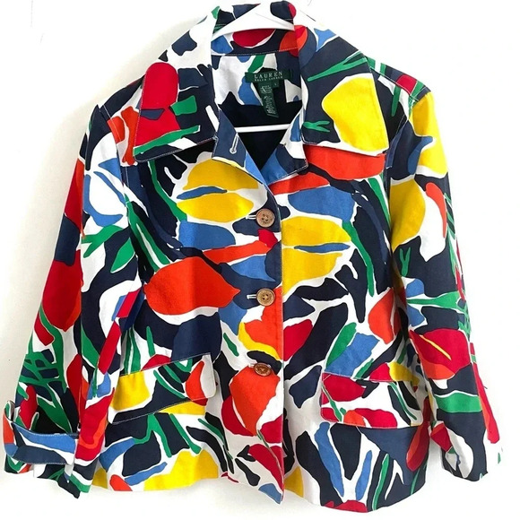 Lauren Ralph Lauren Abstract Art Multicolored Floral long sleeveCollared Blazer - Picture 1 of 6